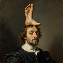 oil reinassance painting of a man with a foot for a head, painted by rembrandt, charioscuro, 4 k, high quality