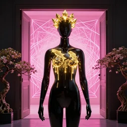beautiful mannequin sculpted out of black glass by billelis + lit with geometric neon dripping gold + wearing a crown of beta fish, doorway opening with neon pink geometric fractal light + flowering bonsai trees!!!!, transcendent, clean linework, dramatic, finely detailed, 4 k, trending on artstation, award winning, photorealistic, volumetric lighting, octane render