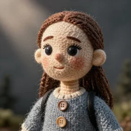 close up of greta thunberg, puppet, wool, buttons, dslr photo