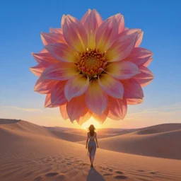 closeup big dahlia flower under head, a girl walking between dunes, surreal photography, sunrise, blue sky, dramatic light, impressionist painting, digital painting, artstation, simon stalenhag
