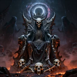 death metal god sitting on a throne of bones, cinematic lighting, cosmic black hole halo, demon ghosts around, lava mist, surreal, haunted, in the photographic style of james nachtwey, 8 k, detailed, ornate, complicated