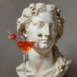 a reneissance statue head drinking a coctail, digital painting