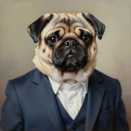 oil painting, a developer pug in a suit, intricate, masterpiece, artstation, stunning