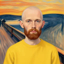 teemu pukki. 3 0 year old bald with beard. yellow shirt. in scream by edward munch