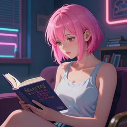 beautiful girl with short pink hair, reading a book in her room, day time, neon glow concept art, sharp focus, intricate, digital painting, artstation, official media, anime key visual, highly detailed, rich vivid colors ambient lighting, illustration, art by Artgerm, Makoto Shinkai, Ilya Kuvshinov, Lois Van Baarle and Rossdraws
