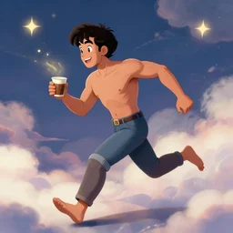 portrait of ( ( hermoso joven dotado latino macho alegre sin camisa ) ), corriendo con su cafe a mano, lleno de nubes y magia y amor, concept character, by greg rutowski and tezuka and oi and mucha and bierstadt and remington, trending on artstation