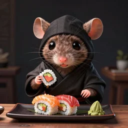 an anthropomorphic rat ninja eating sushi, in the style of pixar, adorable and whimsical, fantasy, elegant, digital painting, artstation, unreal engine, octane render, concept art, matte, sharp focus, vibrant colors, high contrast, illustration, art by justin gerard