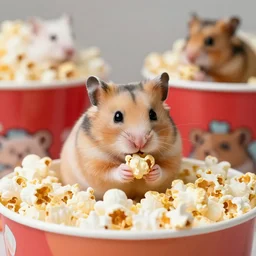 photo of a hamster eating popcorn from a bucket of popcorn, various poses, unedited, soft light, sharp focus, 8 k