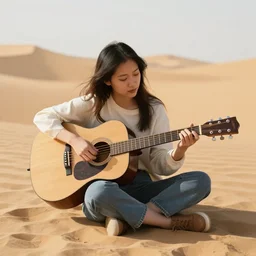 a girl playing guitar in a desert