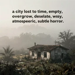 “a city lost to time, empty, overgrown, desolate, foggy, atmospheric, subtle horror”