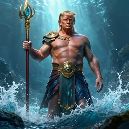 trump as poseidon was the god of water and the oceans, style artstation, style greg rutkowsk, octane render, unreal engine 6, epic game graphics, fantasy, ciberpunk, conceptual art, ray tracing