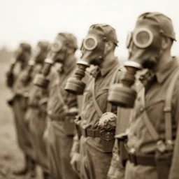WWI soldiers standing in a line wearing WWI gas masks, sepia, faded, blurry, blurry, blurry