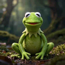 photo of kermit the frog in the forest. obscurity. dark background. blury. flash.