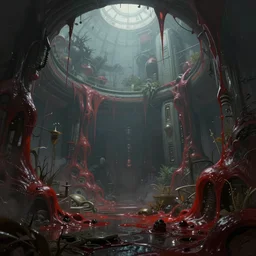 concept art by greg rutkowski, a futuristic large inner garden under a great dome, desolate, covered in reddish slime on all sides, uncanny atmosphere, low light, scary atmosphere, scifi, highly detailed portrait, digital painting, artstation, concept art, smooth, sharp foccus ilustration, artstation hq