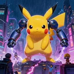 giant mecha- Pikachu destroying a cyberpunk city at night, neon, by Josan Gonzalez and Craig Mullins, raining, thunder, electricity greg rutkowski, thomas kindkade, alphonse mucha, loish, norman rockwell. Trending on artstation detailed illustration hd 4k