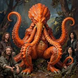 frazetta zoological portrait of orange cthulhu by kuldar leement and ruan jia and brad rigney and micha karcz and brad rigney