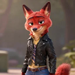 upper body shot, anthropomorphic female wolf with red fur, wearing a black leather jacket and denim pants, detailed, artstation, in the style of zootopia