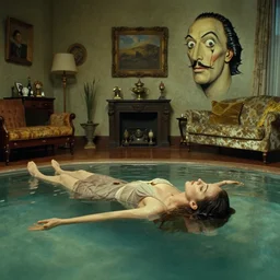 a woman made of wax and water floats through the living room, film still from the movie directed by Denis Villeneuve with art direction by Salvador Dalí, wide lens