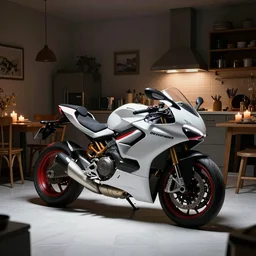 huge ducati panigrale motorbike in the dark, crammed into cluttered cozy kitchen, darkroom, candles, chairs and tables, white tile on the floor, overexposed, by paolo pellegrin, by trent parke, prize winning photo, cinematic