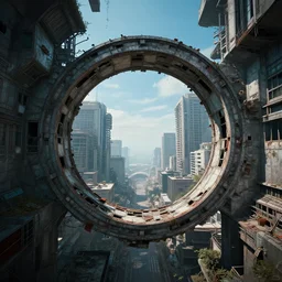 centered circular derelict portal in a middle of a futuristic cityscape, world seen only through a portal, daylight, cinematic perspective, cinematic lighting, blue sky, syd mead, john harris, symmetrical