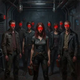 a group of people with red lights instead of faces, in a dark room, an ultrafine detailed painting by victor mosquera, les automatistes, dystopian art, reimagined by industrial light and magic, redshift