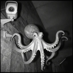octopus trailcam footage, grainy black and white, low quality, security camera