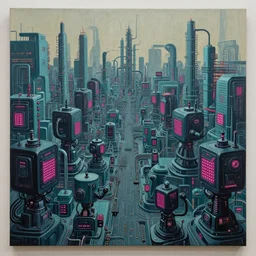 a beautiful painting of endless possibilities and technological evolution. machines. electricity. engineering. ideas. inventions. robotics. industrial. dark teal machines. black machines with magenta led highlights