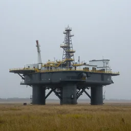 stormy, misty, huge oil platform on the prairie, by craig mullins