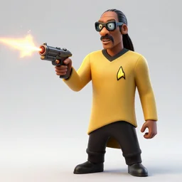 Snoop Dogg firing his laser weapon as he\'s wearing his Star Trek attire