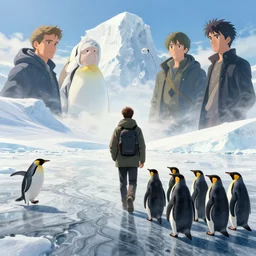 incredible, mindblowing, man walking in antarctica with a family of penguins following, in marble incrusted of legends official fanart behance hd by jesper ejsing, by rhads, makoto shinkai and lois van baarle, ilya kuvshinov, rossdraws global illumination