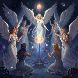 angelical time keepers performing a ritual of planetary sacrifice, emotional, fantastic, stars, detailed, digital art, artstation by peter mohrbacher and artgerm, league of legends splash art