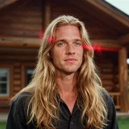 linus roache with long blond hair, red lens flare, log cabin background, cinestill 8 0 0 t, 1 9 8 0 s movie still, film grain