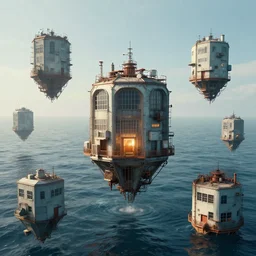 Concept art of several separated isolated industrial rooms floating in the ocean, middle point of view, Pompidou, Renzo piano, cinematic light, 8k, hyper realistic, unreal engine 5