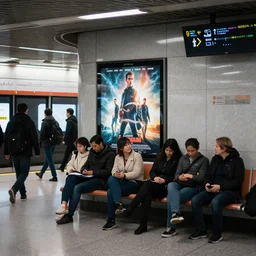 people waiting for subway at subway station, movie poster