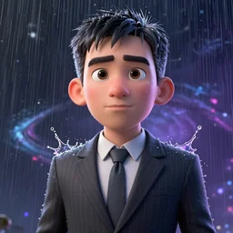 epic cartoon portrait made out of rain, pinstripe suit, short hair, galactic background, rendered in octane, unreal engine, highly detailed, trending on artstation, realistic, splashes of neon, beautiful
