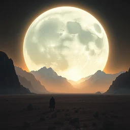 a beautiful hyper realistic detailed matte painting of a moon exploding over a landscape with a dull plains with a black colossus god walking in the foreground and mountains in the background at early evening, by john howe and greg rutkowski and albert bierstadt, unreal engine, trending on artstation, barometric projection, rectilinear, f 8