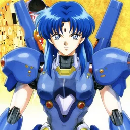 female warrior piloting a mech, symmetrical eyes, blue hair, symmetrical face, kyoto animation, last exile, blue submarine no. 6, gustav klimt, loish, murata range, kawaii, yoshitaka amano, manga, bright colors, beautiful, gradation, jean giraud