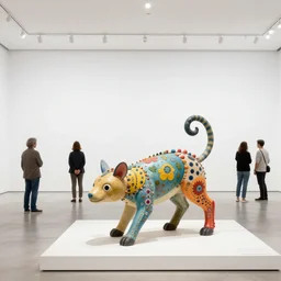 etablishing wide view shot of stunning colorful intriguing cute * poetic * sculpture of a myth creature animal by * beth cavener * in empty white space exposition. elegant animal living form. with collaboration of ellen jewett, ghibli, beth cavener, sayaka ganz, edouard martinet, john o'reilly and judith klausner. joyfull