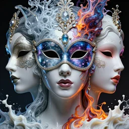 3 d goddess face portrait, face in the center, beautiful glossy intricate highly detailed venetian mask, ice, galaxy, plasma, lava, milk, artwork by tooth wu and wlop and beeple and greg rutkowski, 8 k trending on artstation, volumetric lighting