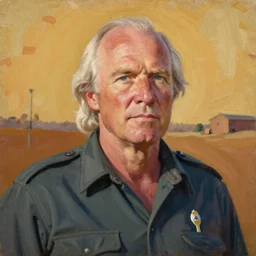 portrait of tommy lee jones as sheriff ed tom bell in no country for old men. balding, white medium length hair. 7 0 s cowboy clothes and environment. flat colours. warm colours. oil painting by lucian freud. path traced, highly detailed, high quality, j. c. leyendecker, drew struzan tomasz alen kopera, peter mohrbacher, donato giancola