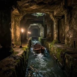 inside the ancient flooded sewers in the old part of the city. fantasy art, underground, adventure, wet, standing water, channel, canal, boat with lamp, running water, stream, channel, musty, moss, sewage, dark, underground, abandoned spaces, lit by torchlight. by piranesi and bierstadt