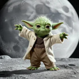 a photo of yoda break dancing on the moon