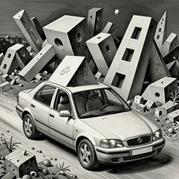 realistic photograph of mc eschers noneuclidean car