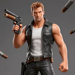 duke nukem, cigar, shrapnel background, holding gun
