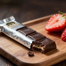 A gourmet dark chocolate bar with a piece broken off, on an opened silver wrapper, next to sliced strawberries, on a wooden tray, macro lens product photo