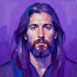 vibrant painting of a man with long hair and a beard using purples and blue abstract, artstation