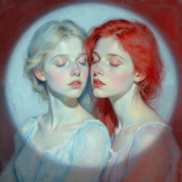 portrait of two beautiful girls, intimate, eyes closed, faded shades of light blue and red, beautiful face, rule of thirds, delicate dresses, spotlight, by greg rutkowski, by jeremy mann, by francoise nielly, by van gogh, digital painting