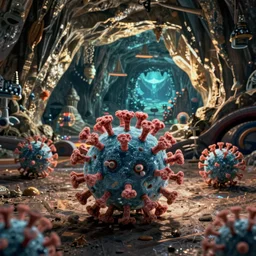 macroscopic coronavirus on the floor of the caves of hoxxes iv, hoxxes iv cave in background, unreal engine, deep rock galactic gameplay, 4 k, hdr w 7 0 4