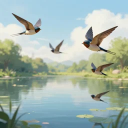 swallows flying above a beautiful pond. Artwork, artstation, highly detailed