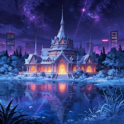 a beautiful detailed anime illustration of nature moot hall building by federico babina, nature lake cosmic matte painting vice city liberty city meadow at winter anime otherworldly thermal imaging laser, archdaily, wallpaper, highly detailed, trending on artstation.